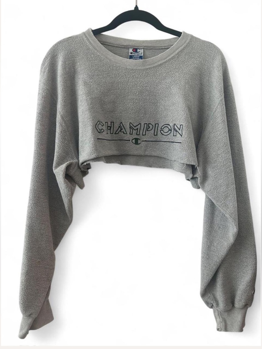 Champion Vintage Grey Micro Cropped Crewneck Sweatshirt Streetwear Y2K Large - Picture 7 of 10